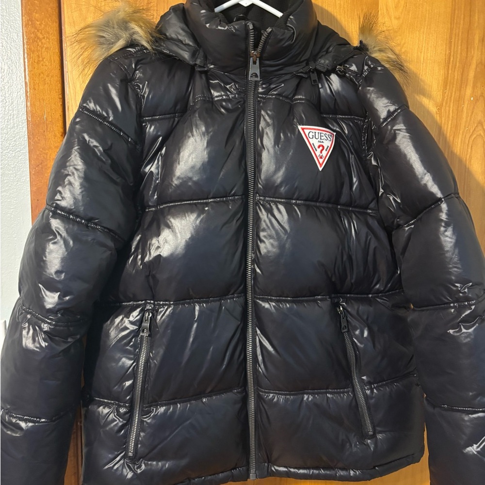 Men’s Guess Black Quilted Jacket with Fur Trim